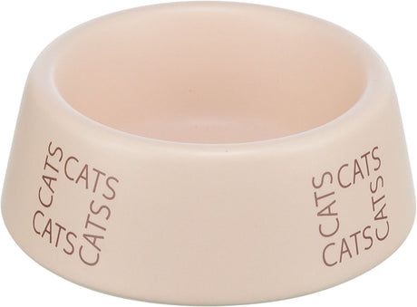 Beige Futternapf mit der Aufschrift "CATS" mehrfach in brauner Schrift an der Seite.