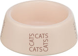 Hellbeige Katzenschüssel mit dem Aufdruck "CATS" in brauner Schrift.