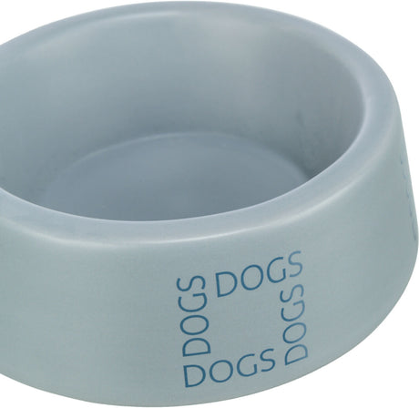 Grauer Napf mit blauem Schriftzug "DOGS" an der Seite.