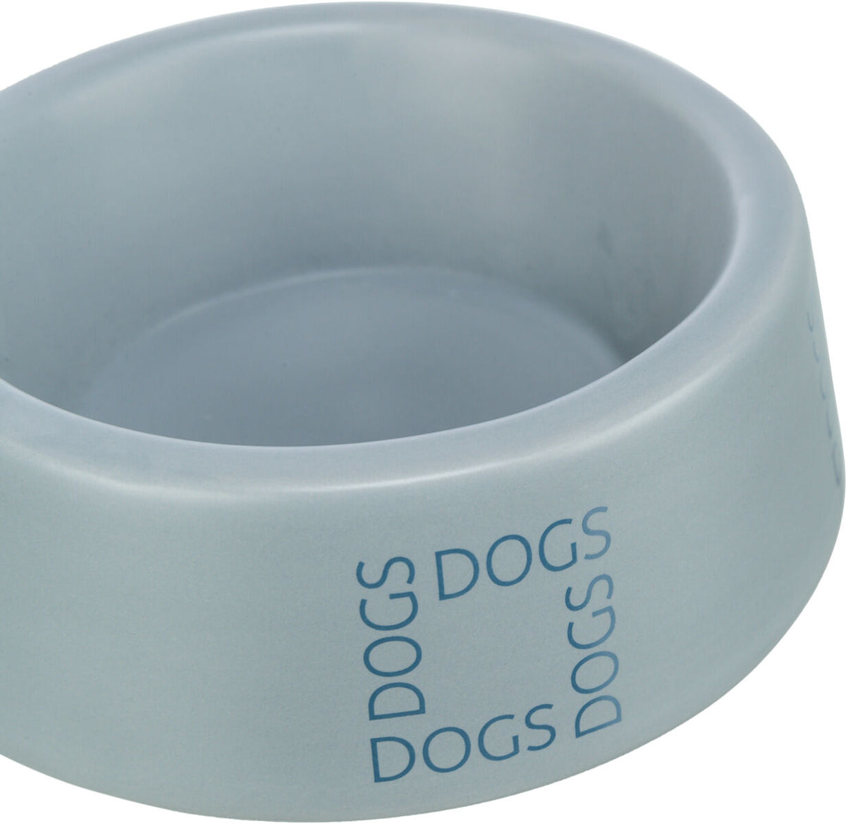 Grauer Napf mit blauem Schriftzug "DOGS" an der Seite.
