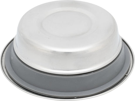 Silberne Metallschale auf dunklem Untergrund, randloser, glatter Rand, flacher Deckel, matte Oberfläche.