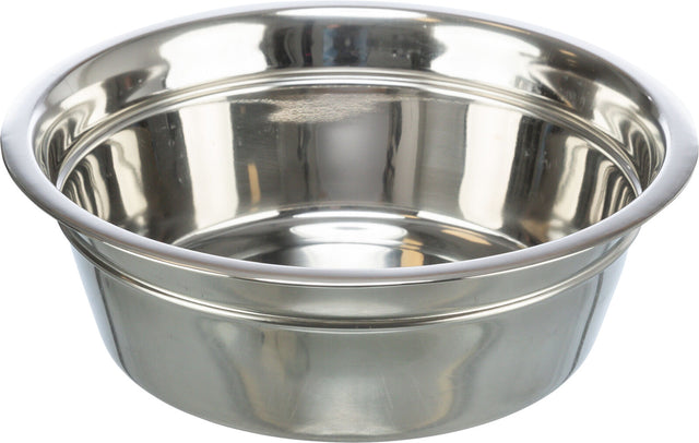 Metallschüssel aus glänzendem Edelstahl mit glatter Oberfläche und breitem Rand, reflektierende Oberfläche.