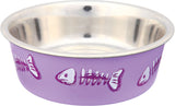 Lila Fressnapf aus Metall mit Fischgrätenmuster auf der Außenseite und glänzendem Innenbereich.