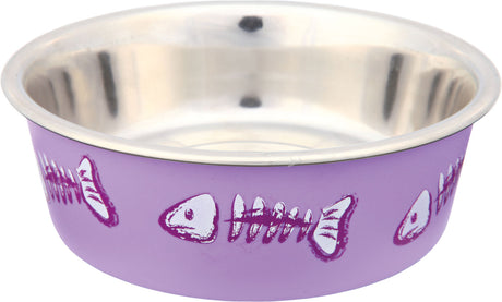 Lila Fressnapf aus Metall mit Fischgrätenmuster auf der Außenseite und glänzendem Innenbereich.