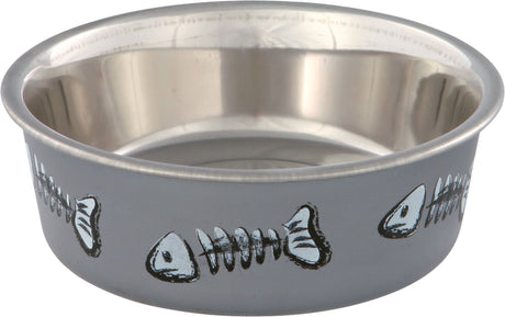 Metallnapf mit silbernem Rand und Fischgräten-Motivversatz auf grauer Außenseite.