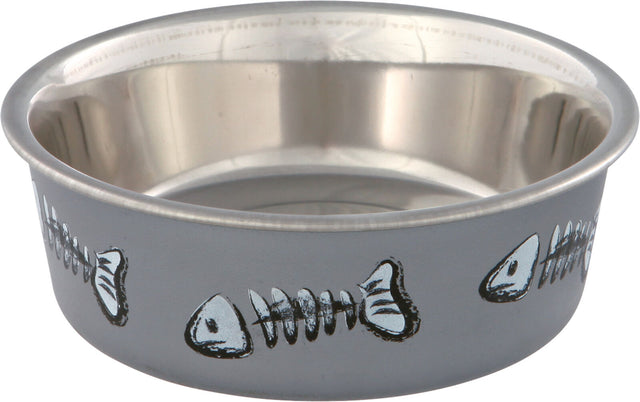 Metallnapf mit silbernem Rand und Fischgräten-Motivversatz auf grauer Außenseite.