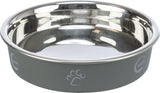 Graue Fressnapf aus Metall mit reflektierendem Inneren und Pfotenmotiv auf der Seite.