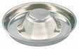 Runde Schale aus silbernem Metall mit erhöhtem Mittelteil und glatter Oberfläche.