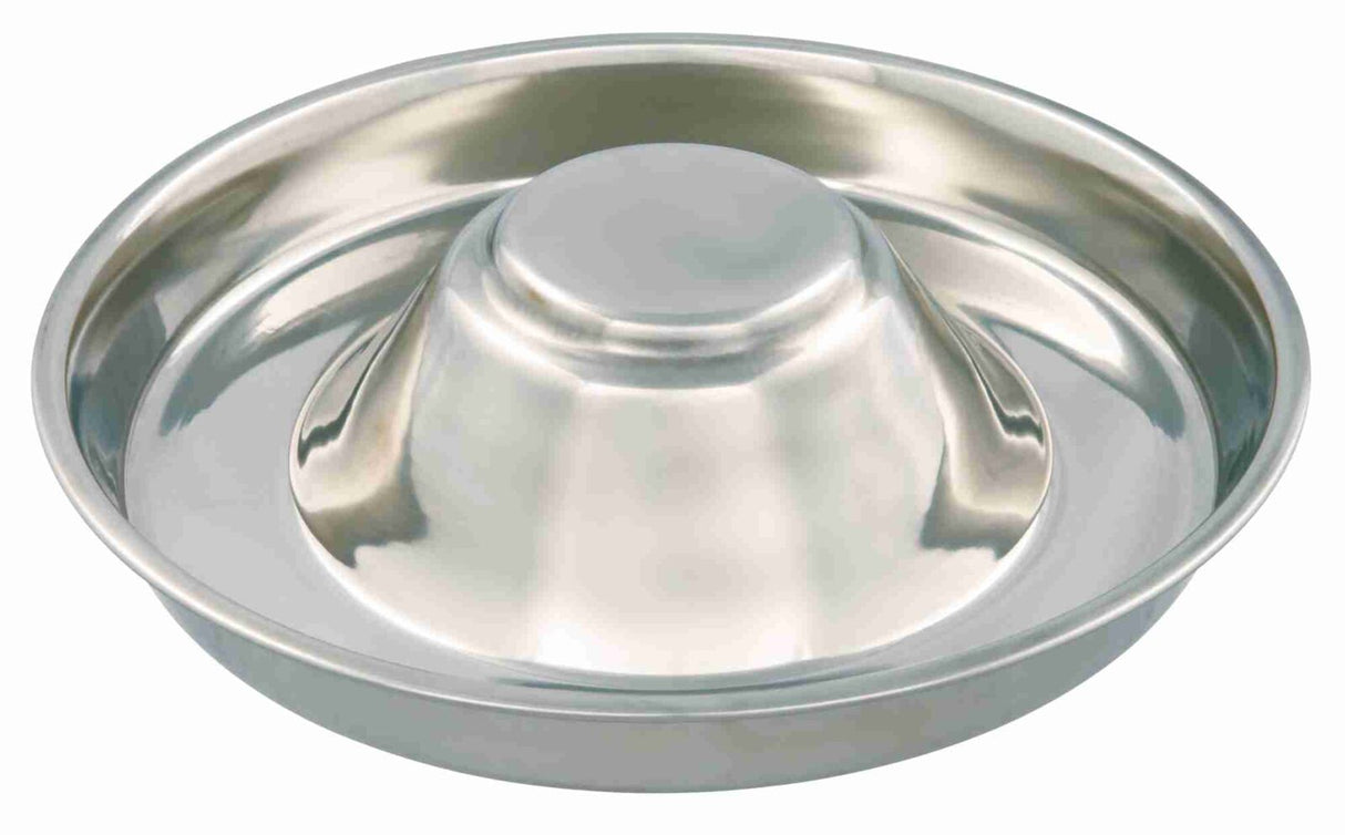 Runde Schale aus silbernem Metall mit erhöhtem Mittelteil und glatter Oberfläche.