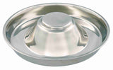 Runde Schale aus silbernem Metall mit erhöhtem Mittelteil und glatter Oberfläche.
