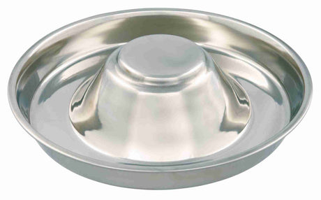 Runde Schale aus silbernem Metall mit erhöhtem Mittelteil und glatter Oberfläche.