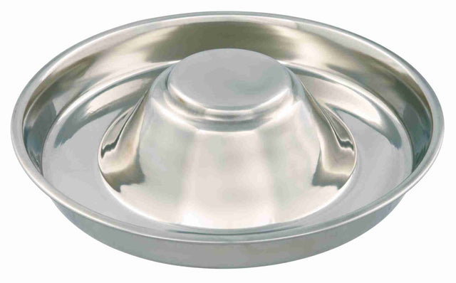 Runde Schale aus silbernem Metall mit erhöhtem Mittelteil und glatter Oberfläche.