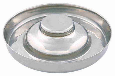 Runde Edelstahlschüssel mit zentralem erhöhtem Bereich und glänzender Oberfläche.