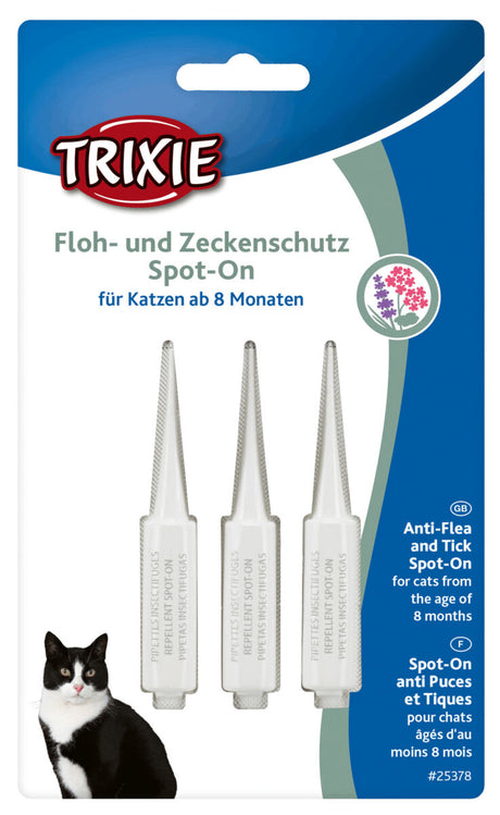 Drei weiße Pipetten mit der Aufschrift "Pipetas Insectifugas" und "Floh- und Zeckenschutz" für Katzen ab acht Monaten.