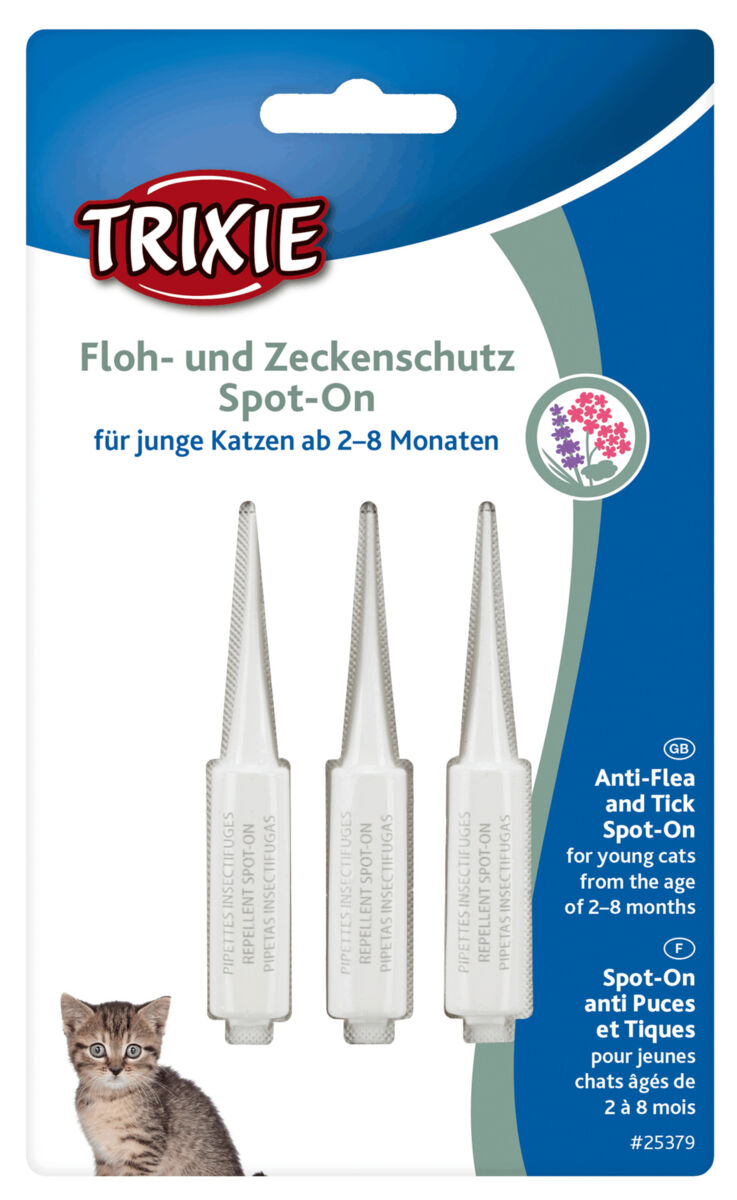 Verpackung mit drei Pipetten, Trixie-Logo und Text "Floh- und Zeckenschutz Spot-On für junge Katzen ab 2–8 Monaten".