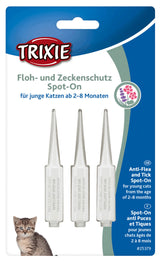 Verpackung mit drei Pipetten, Trixie-Logo und Text "Floh- und Zeckenschutz Spot-On für junge Katzen ab 2–8 Monaten".