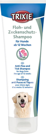 Hundeshampoo-Verpackung von Trixie für Floh- und Zeckenschutz, geeignet für Hunde ab 12 Wochen, mit Hundebild.