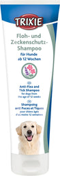 Hundeshampoo-Verpackung von Trixie für Floh- und Zeckenschutz, geeignet für Hunde ab 12 Wochen, mit Hundebild.