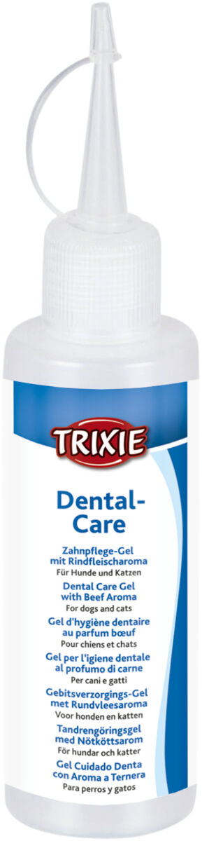 Flasche mit Trixie-Logo, enthält Zahnpflege-Gel für Hunde und Katzen, Aufschrift in mehreren Sprachen.