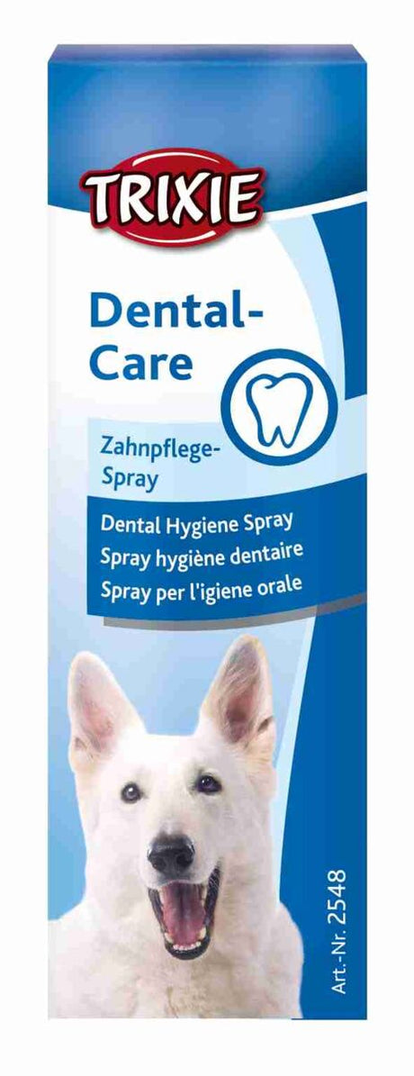 Verpackung eines Zahnpflege-Sprays für Hunde mit einem Hundebild, Trixie-Logo und Text in mehreren Sprachen.