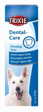 Verpackung eines Zahnpflege-Sprays für Hunde mit einem Hundebild, Trixie-Logo und Text in mehreren Sprachen.