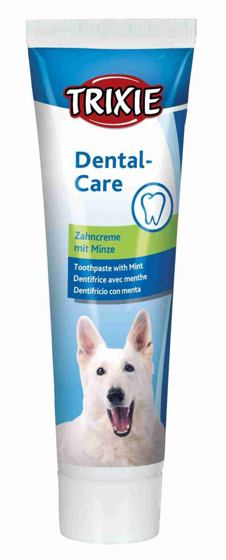 Eine Tube Zahnpasta mit der Aufschrift "Trixie Dental-Care Zahncreme mit Minze" und dem Bild eines weißen Hundes.