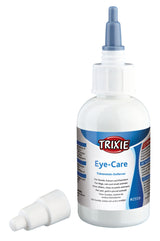 Flasche mit blauem und weißem Etikett "Trixie Eye-Care Tränenstein-Entferner" mit abgetrennter weißer Kappe.