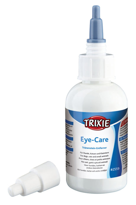 Flasche mit blauem und weißem Etikett "Trixie Eye-Care Tränenstein-Entferner" mit abgetrennter weißer Kappe.