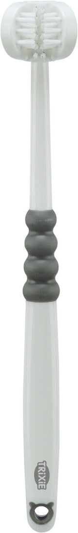 Weiße Zahnbürste mit grauem, ergonomischen Griff, Trixie-Logo auf dem Griff.