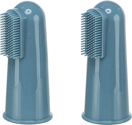 Zwei blaue Silikonfingerzahnbürsten mit kurzen Borsten und glatter Oberfläche.
