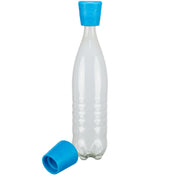 Durchsichtige Flasche mit blauem, strukturiertem Verschluss, ein weiterer Verschluss liegt daneben.