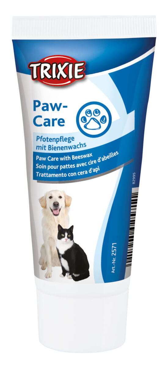Tube mit blauer und weißer Gestaltung, Aufschrift "Paw-Care" und "Pfotenpflege mit Bienenwachs", zeigt Hund und Katze.