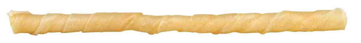 Ein hellbrauner, länglicher Gegenstand in spiralförmiger Wicklung, der an einen Kausnack erinnert.