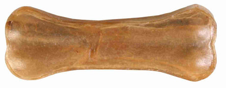 Ein brauner, länglicher Hundeknochen mit glatter Oberfläche und leicht unregelmäßiger Form.