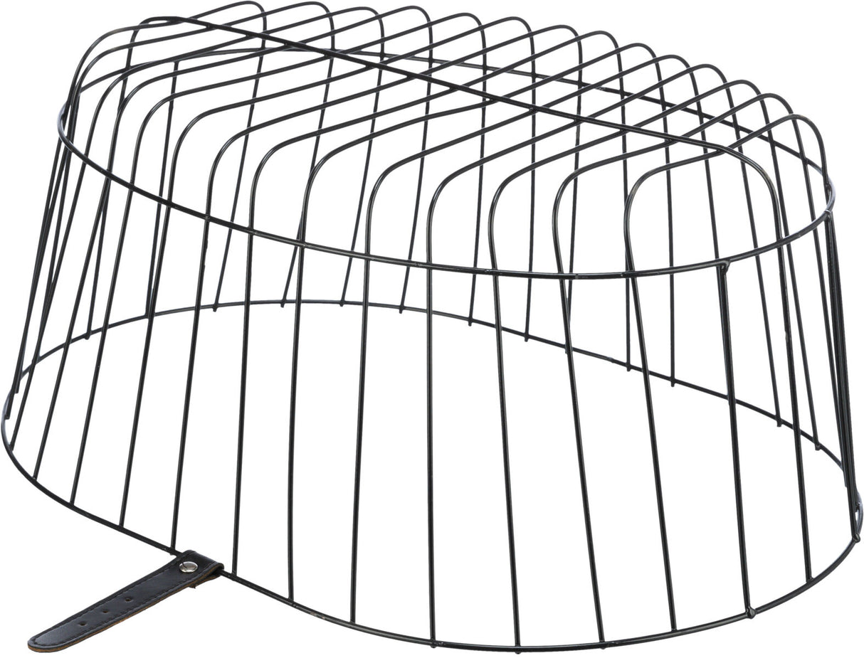 Schwarzes, gewölbtes Metallgitter mit Lederbefestigung für Fahrradkorb.