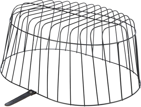 Schwarzes, gewölbtes Metallgitter mit Lederbefestigung für Fahrradkorb.
