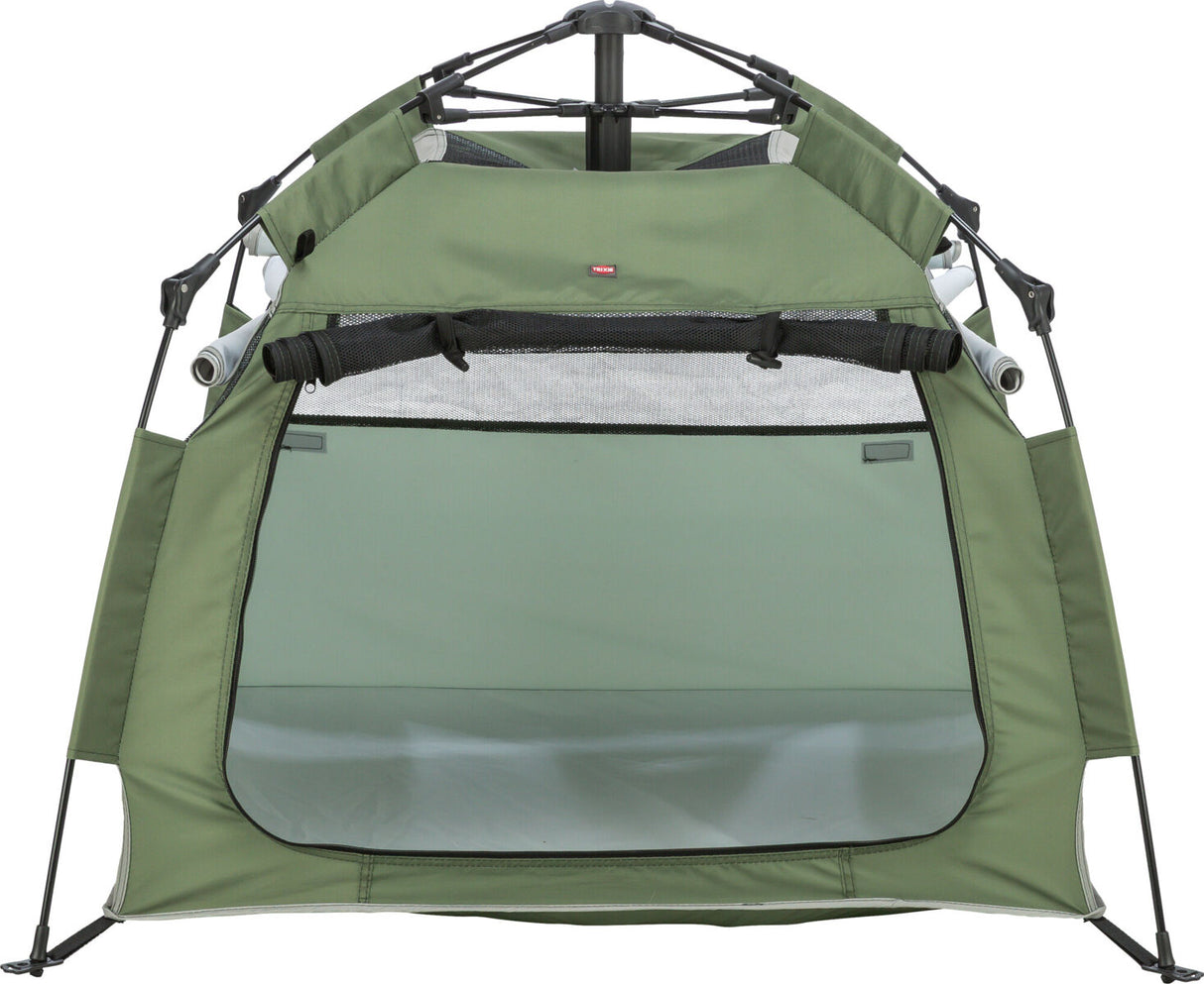Grünes, aufrechtes Zelt mit offener Vorderseite und schwarzem Gestänge, geeignet für Outdoor-Aktivitäten.