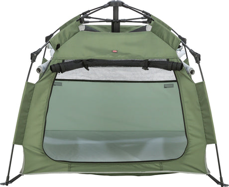 Grünes, aufrechtes Zelt mit offener Vorderseite und schwarzem Gestänge, geeignet für Outdoor-Aktivitäten.