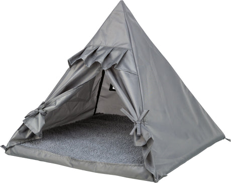 Graues, pyramidenförmiges Zelt mit offenen Frontklappen und weichem, grauem Innenboden.