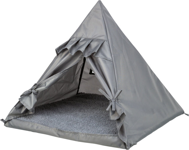 Graues, pyramidenförmiges Zelt mit offenen Frontklappen und weichem, grauem Innenboden.