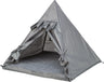 Graues, pyramidenförmiges Zelt mit offenen Frontklappen und weichem, grauem Innenboden.