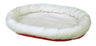 Ovales, flauschiges, weißes Tierbett mit rotem Rand und weicher Polsterung.