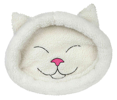 Weißes, flauschiges Kissen mit Katzenohren und einem aufgestickten Katzengesicht in Schwarz und Pink.