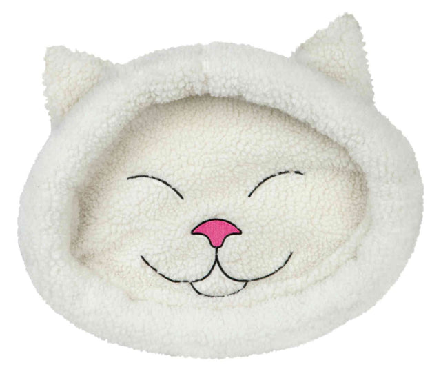 Weißes, flauschiges Kissen mit Katzenohren und einem aufgestickten Katzengesicht in Schwarz und Pink.
