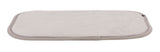 Rechteckige, beige Matte mit abgerundeten Ecken und weichem Rand, flach liegend.