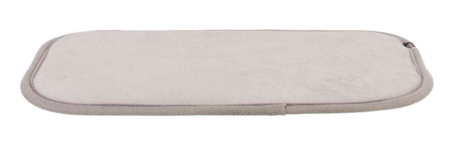 Rechteckige, beige Matte mit abgerundeten Ecken und weichem Rand, flach liegend.