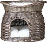 Geflochtenes Körbchen aus braunem Rattan mit zwei Ebenen und einem weißen Kissen im Inneren.
