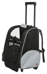 Schwarzer Trolley-Rucksack mit ausziehbarem Griff und Netzbelüftungspanelen, graue Seitentasche.