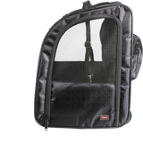 Schwarzer Rucksack mit Gitterfenster und geometrischem Muster, geeignet als Transportlösung.