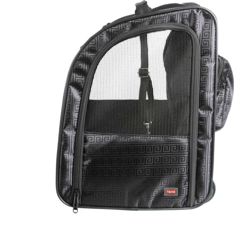 Schwarzer Rucksack mit Gitterfenster und geometrischem Muster, geeignet als Transportlösung.